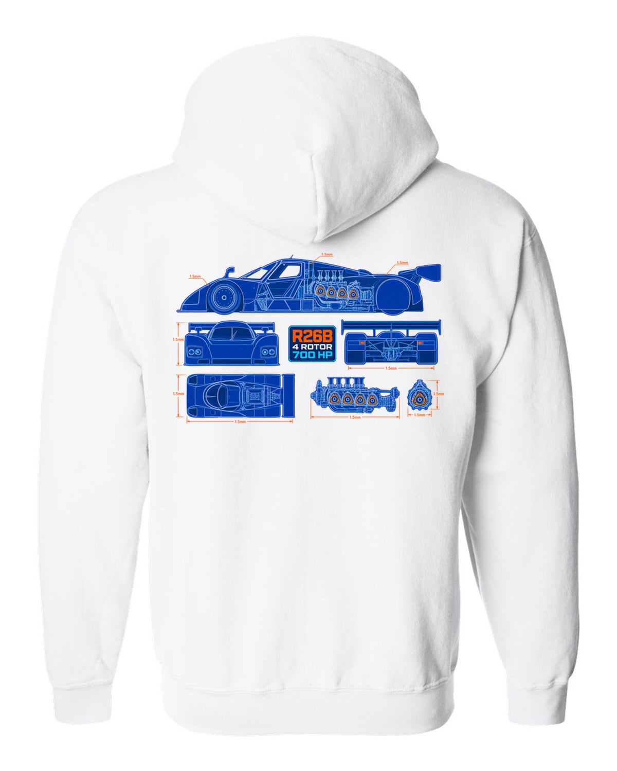Technical blueprint cutaway of the Mazda 787B R26B four-rotor engine with 700 HP lettering white zip hoodie back view with the design