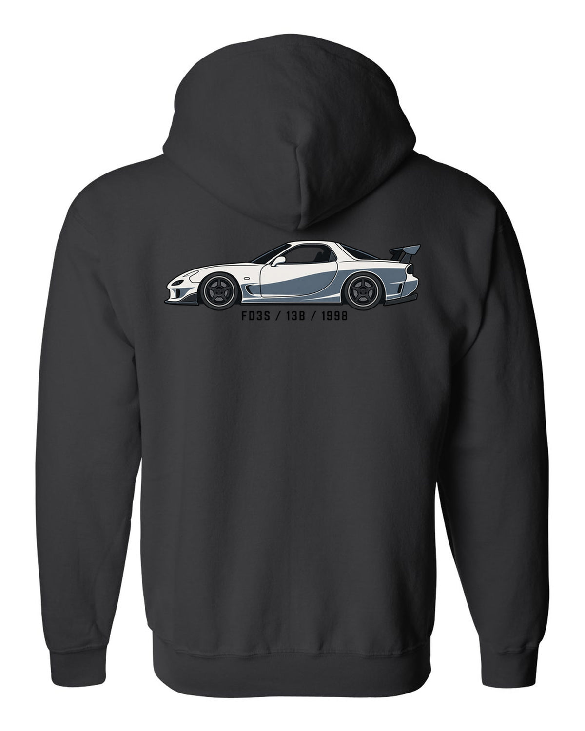 Embroidery-style varsity crest for the Mazda FD3S RX-7 reading TWIN TURBO SEQUENTIAL 1991 black zip hoodie back view with the design