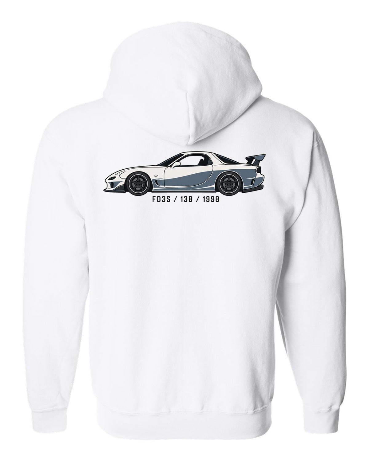 Embroidery-style varsity crest for the Mazda FD3S RX-7 reading TWIN TURBO SEQUENTIAL 1991 white zip hoodie back view with the design