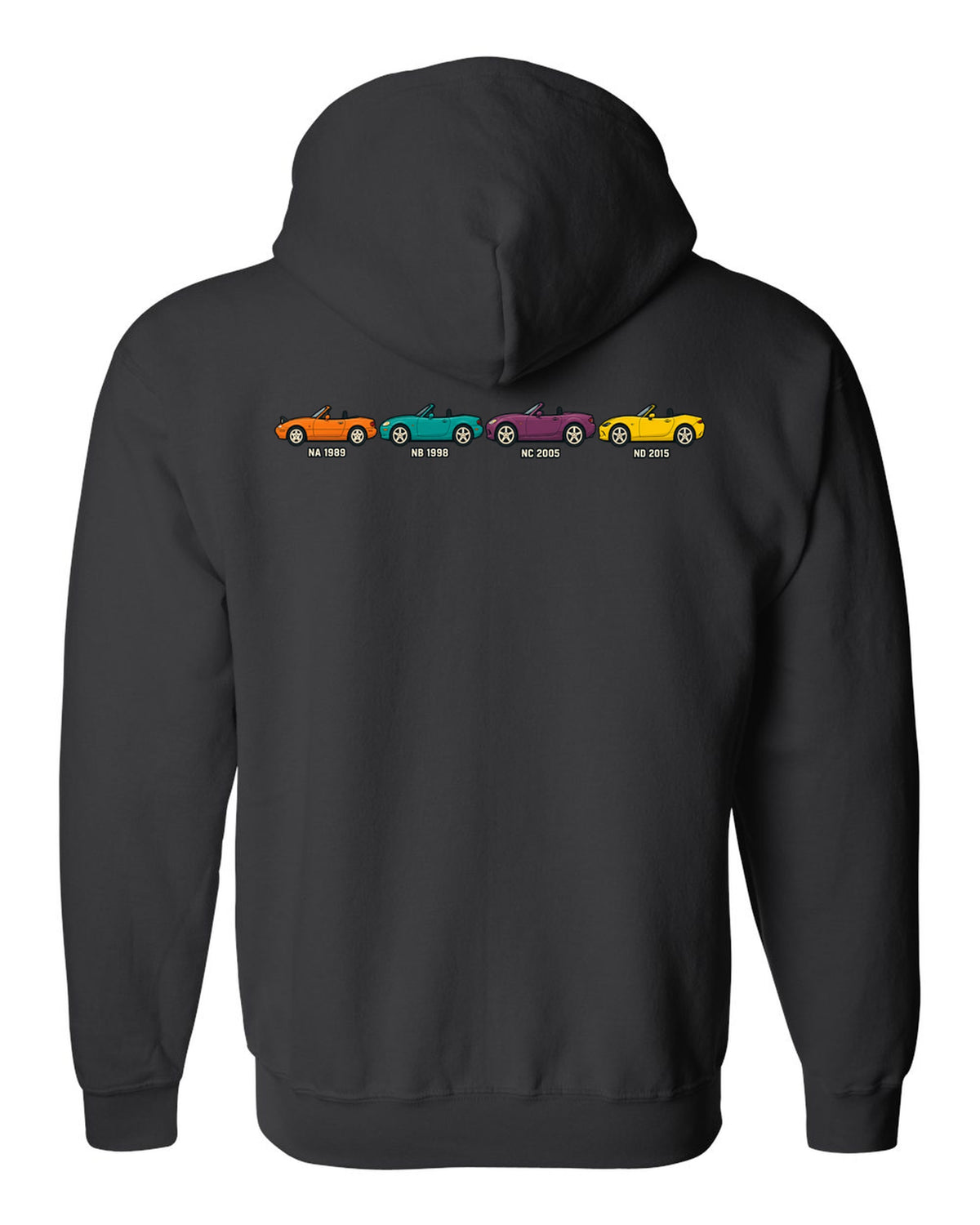 Ukiyo-e woodblock print of a Mazda MX-5 NA roadster taking a hairpin corner black zip hoodie back view with the design