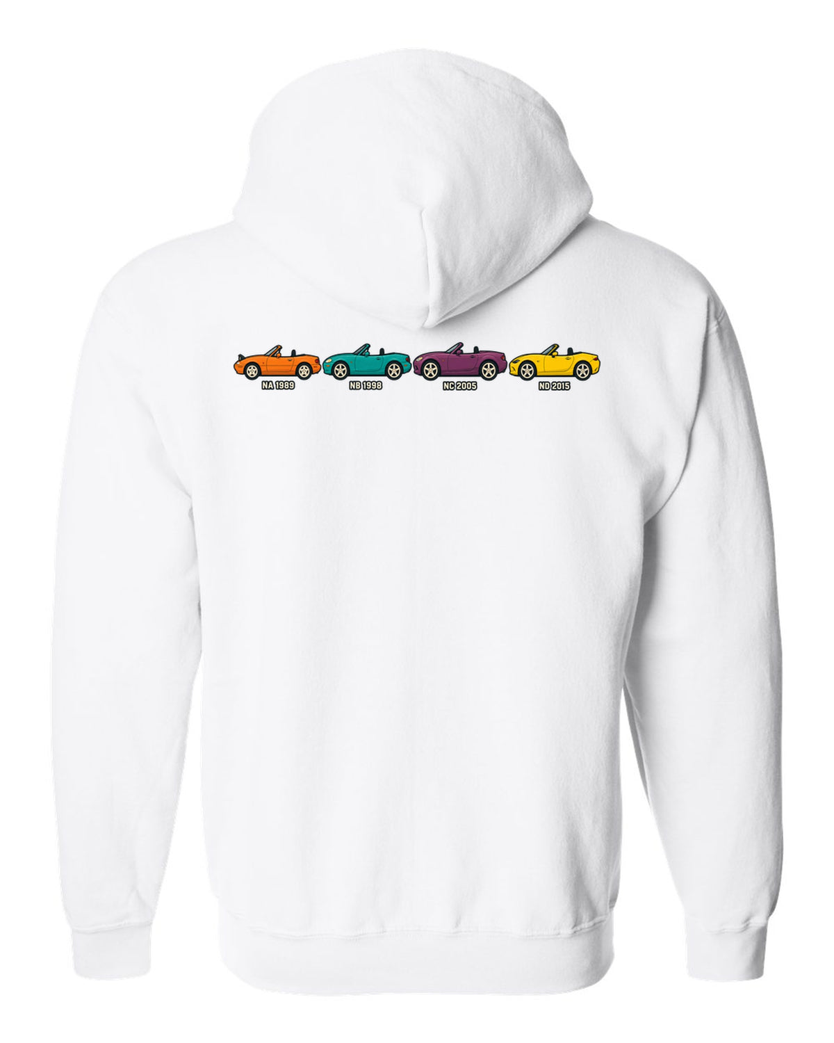Ukiyo-e woodblock print of a Mazda MX-5 NA roadster taking a hairpin corner white zip hoodie back view with the design