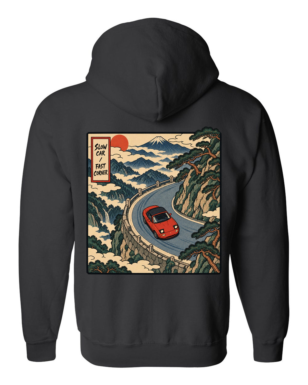 Flat silhouette row of Mazda MX-5 NA, NB, NC and ND generations black zip hoodie back view with the design