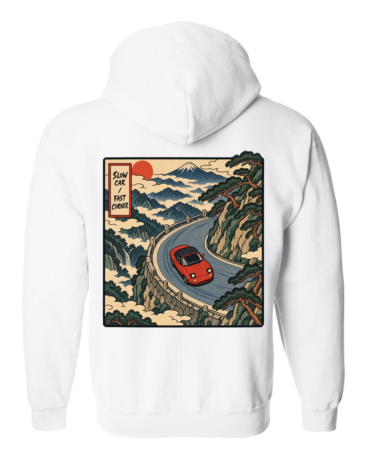 Flat silhouette row of Mazda MX-5 NA, NB, NC and ND generations white zip hoodie back view with the design