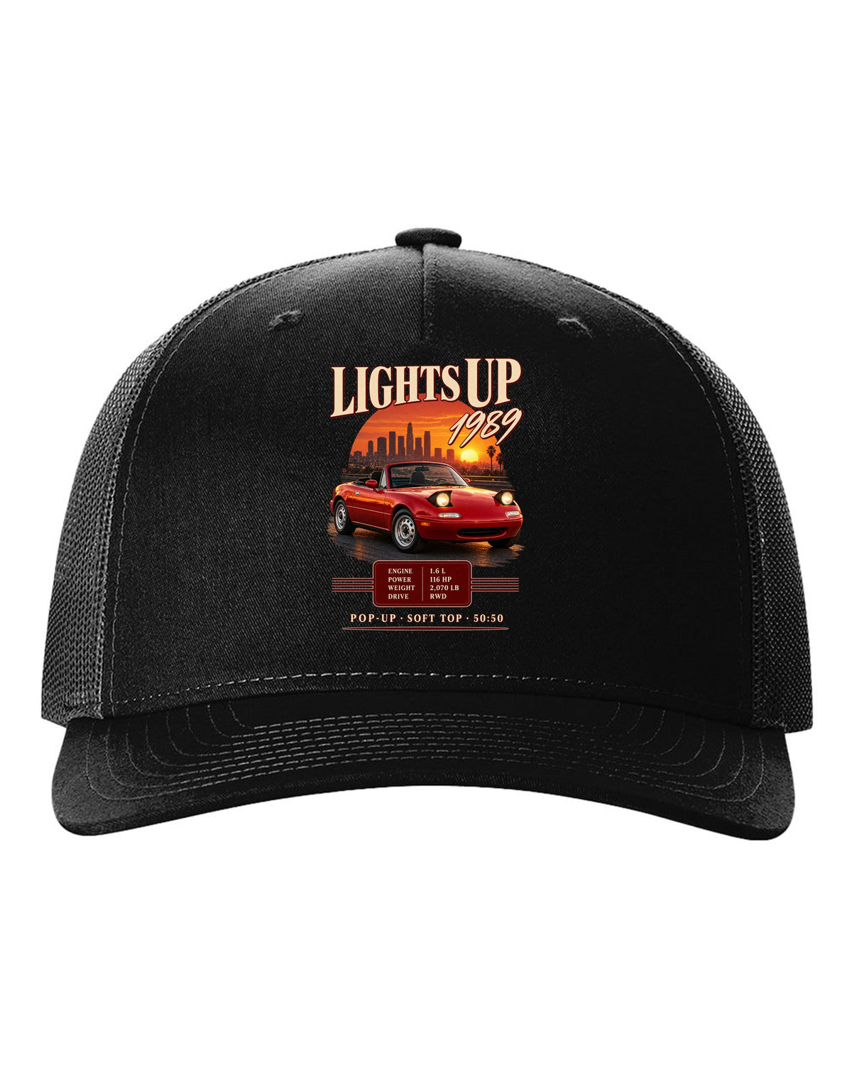 Archive panel print for the 1989 Mazda MX-5 NA with 116 HP, 2,070 lb and pop-up headlight specs black hat front view with the design