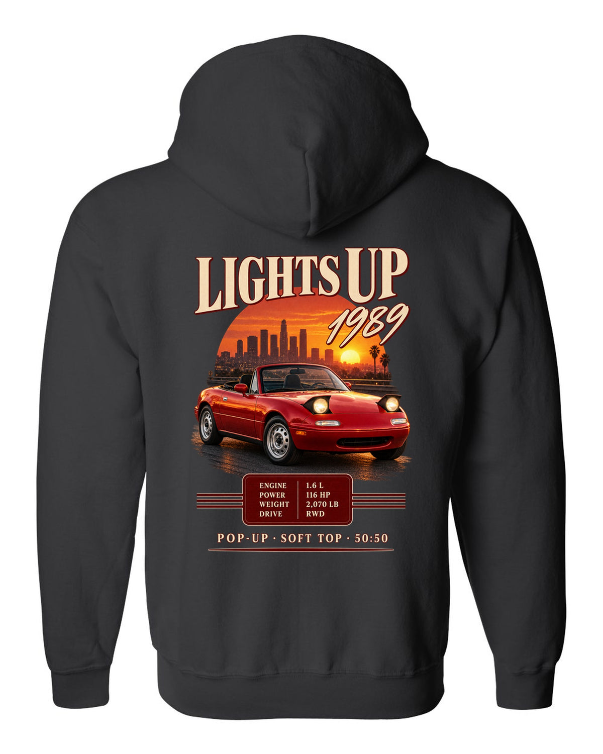 Archive panel print for the 1989 Mazda MX-5 NA with 116 HP, 2,070 lb and pop-up headlight specs black zip hoodie back view with the design