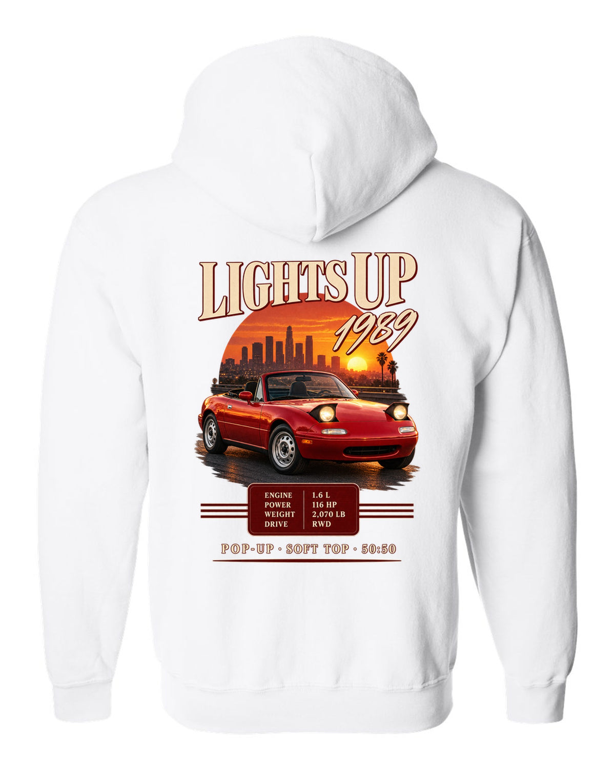 Archive panel print for the 1989 Mazda MX-5 NA with 116 HP, 2,070 lb and pop-up headlight specs white zip hoodie back view with the design