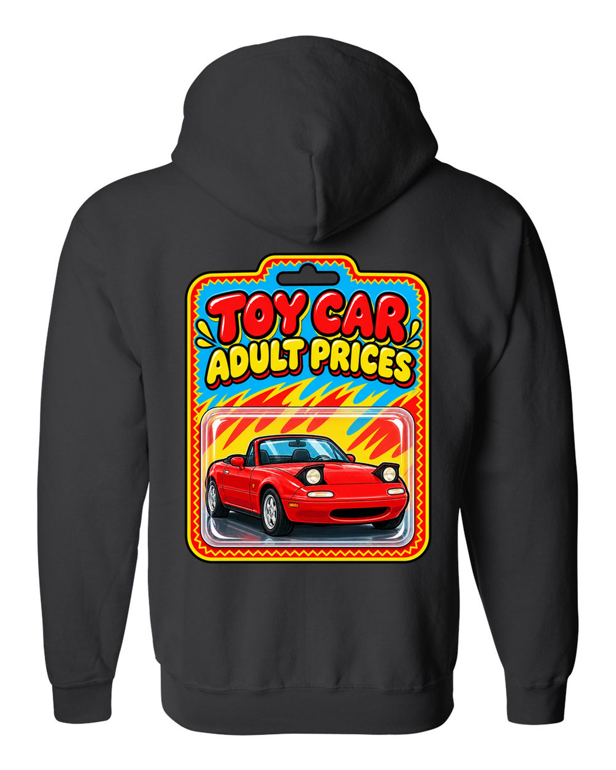 Toy car blister card style illustration of a Mazda MX-5 NA with adult prices text black zip hoodie back view with the design