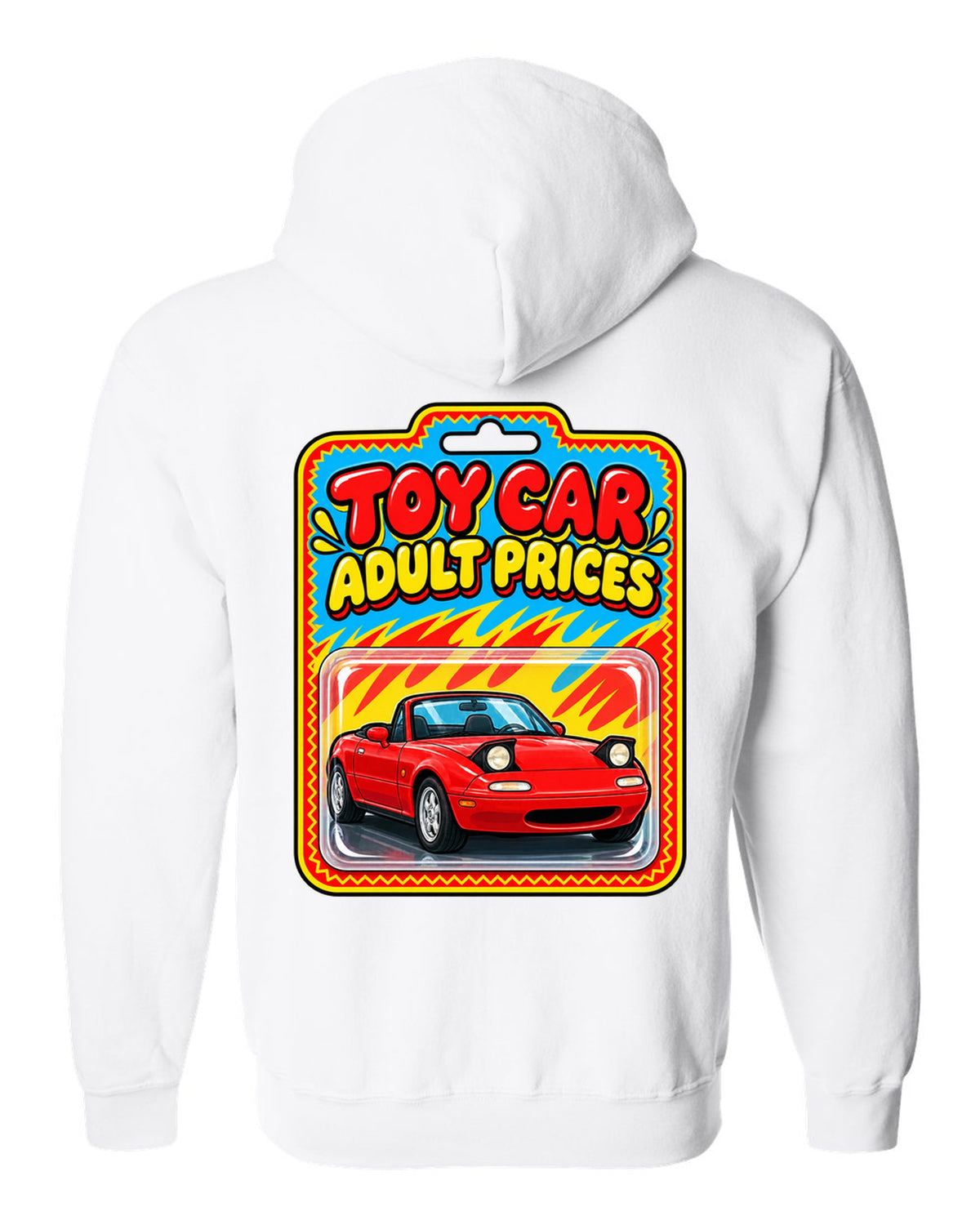 Toy car blister card style illustration of a Mazda MX-5 NA with adult prices text white zip hoodie back view with the design