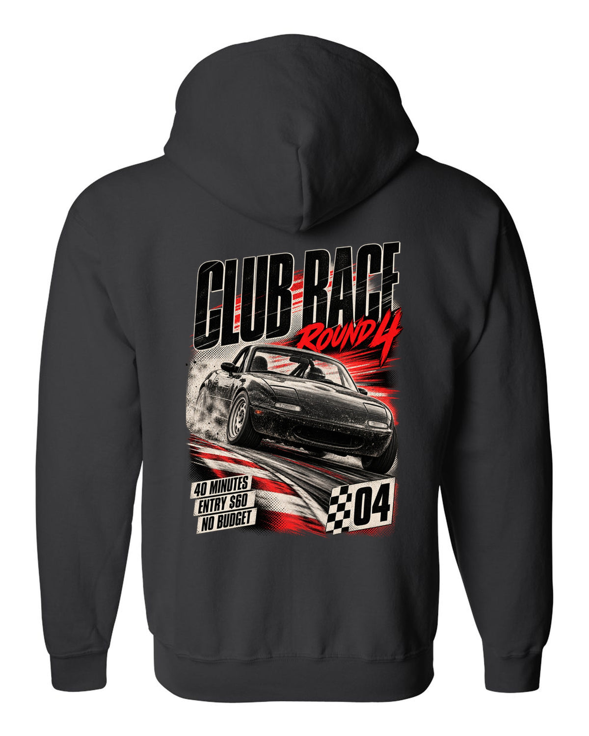 Race poster print for the Mazda MX-5 NA 1989-97 reading club race round 4, 40 minutes, entry $60 black zip hoodie back view with the design
