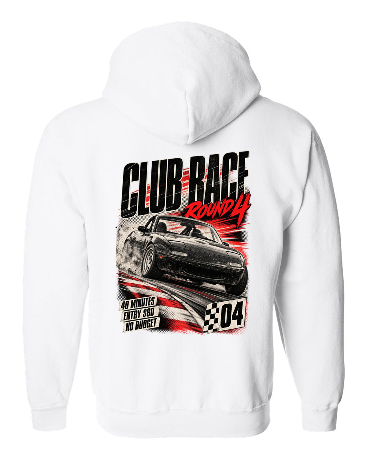 Race poster print for the Mazda MX-5 NA 1989-97 reading club race round 4, 40 minutes, entry $60 white zip hoodie back view with the design