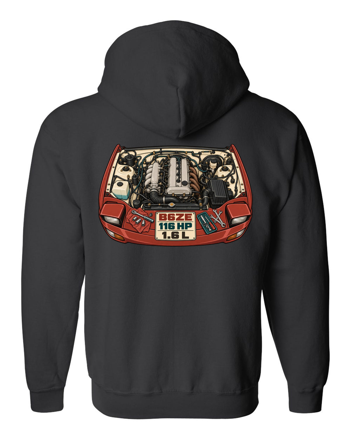 Parts-catalogue illustration of the Mazda MX-5 NA engine bay with B6ZE / 116 HP / 1.6 L lettering black zip hoodie back view with the design