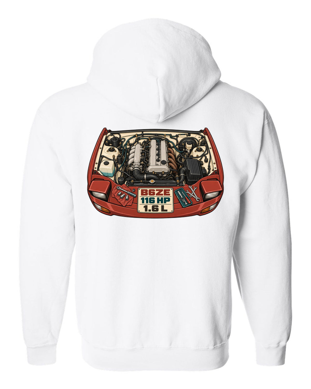 Parts-catalogue illustration of the Mazda MX-5 NA engine bay with B6ZE / 116 HP / 1.6 L lettering white zip hoodie back view with the design