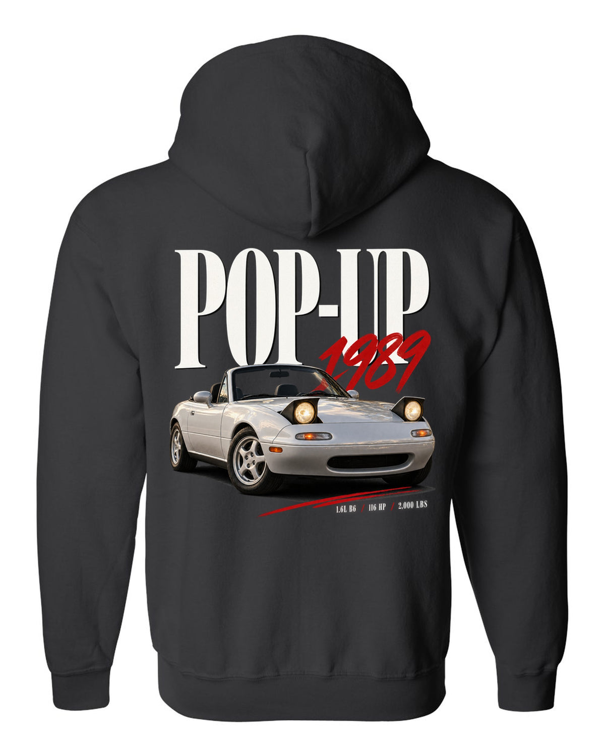 Editorial headline print for the Mazda MX-5 NA 1989-97 reading pop-up, 1989, 1.6L B6 black zip hoodie back view with the design