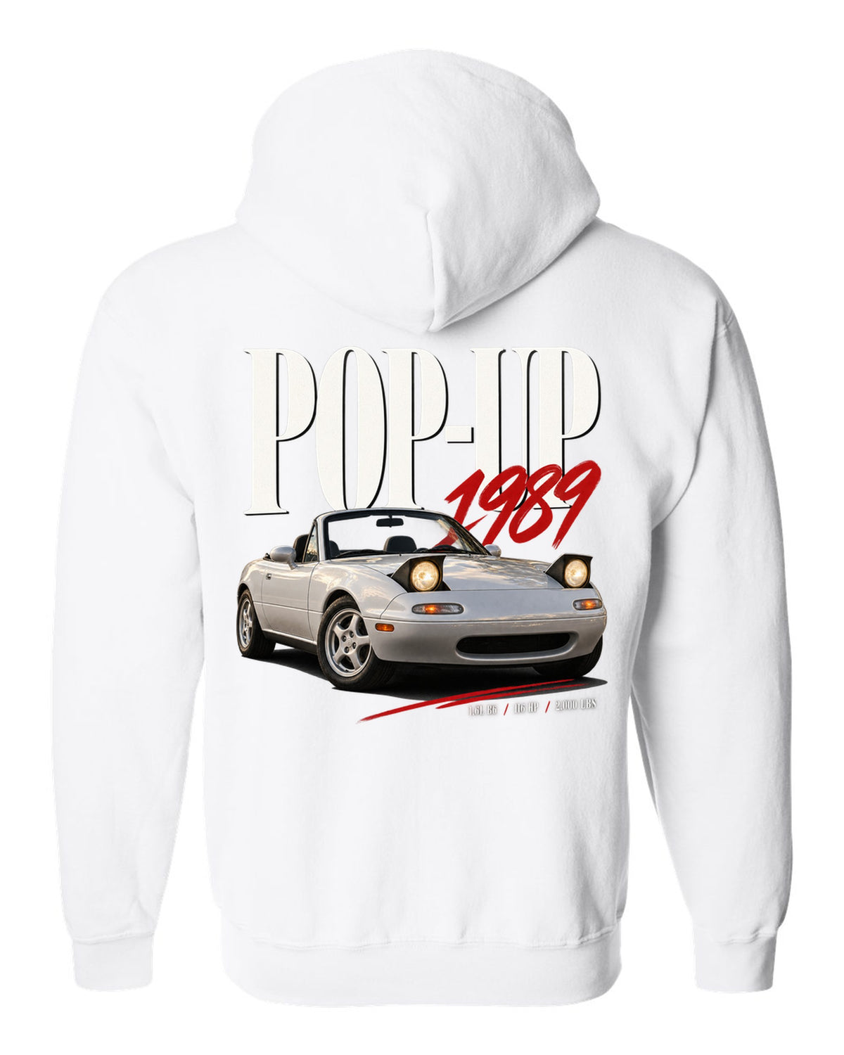 Editorial headline print for the Mazda MX-5 NA 1989-97 reading pop-up, 1989, 1.6L B6 white zip hoodie back view with the design