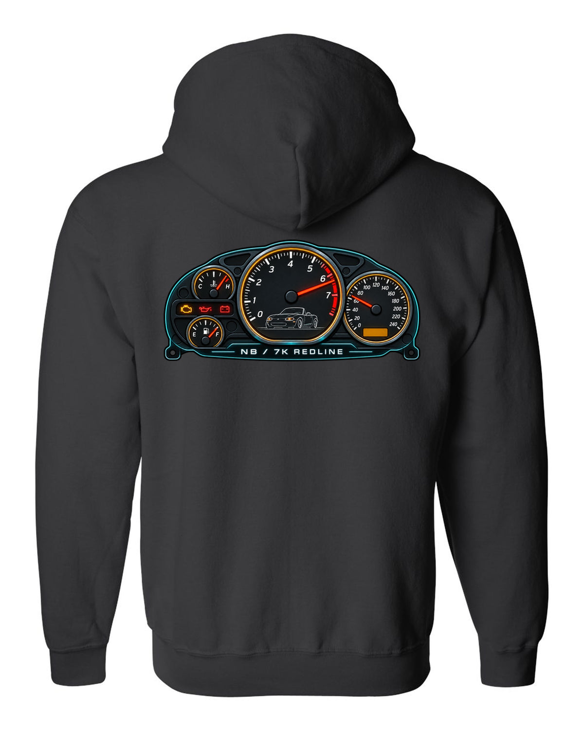 Retro Japanese Showa catalogue spread of a Mazda MX-5 NA with wheels and soft top text black zip hoodie back view with the design