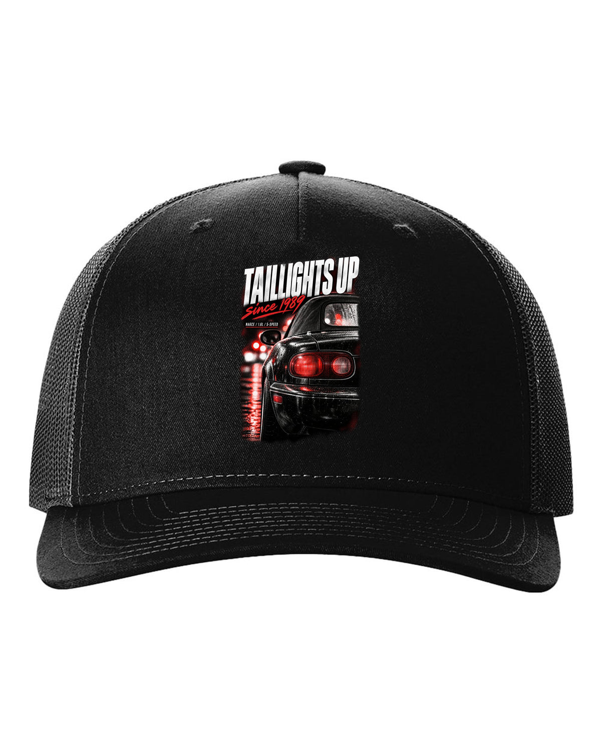 Taillight macro print for the Mazda MX-5 NA 1989-97 with NA6CE, 1.6L and 5-speed lettering black hat front view with the design