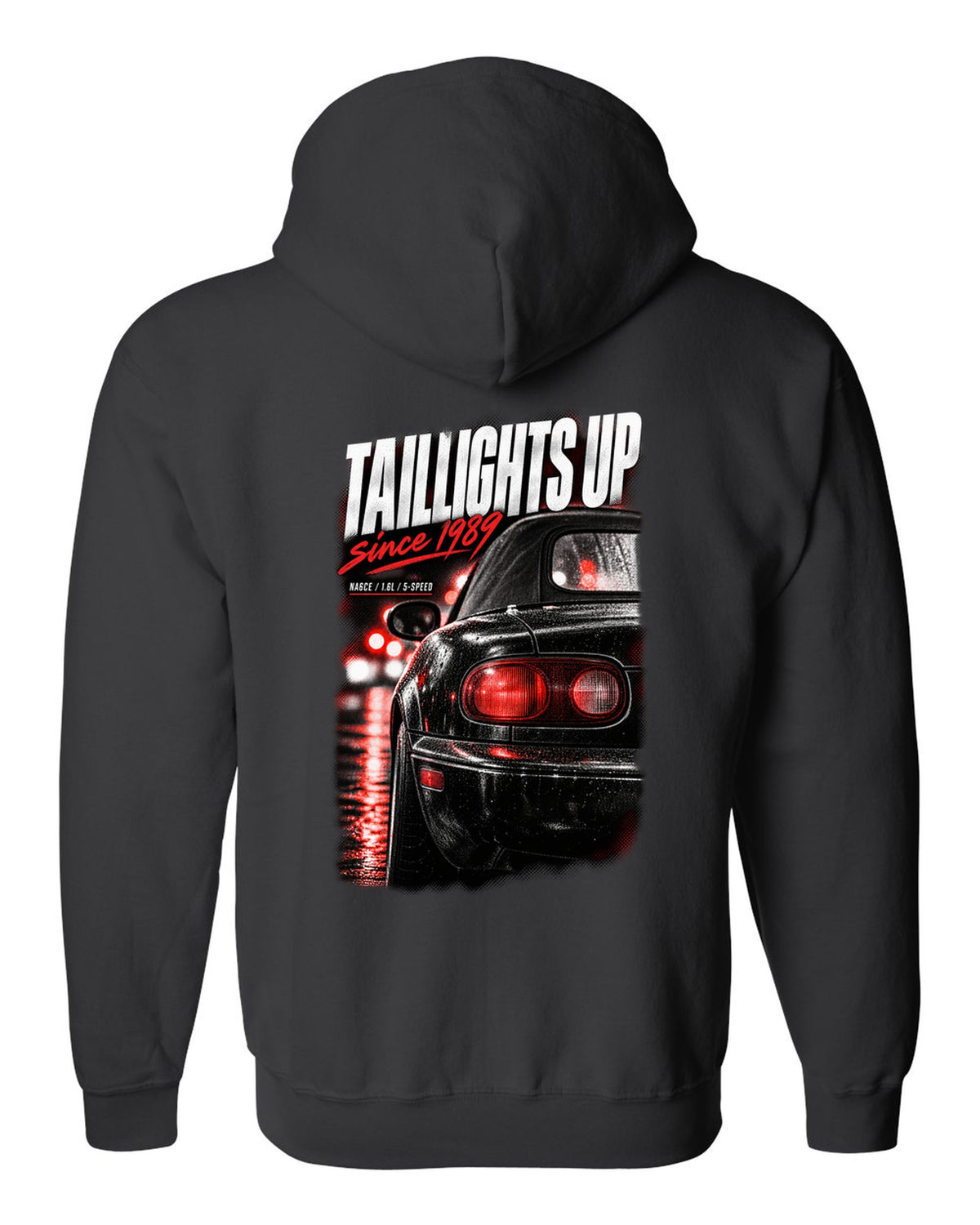Taillight macro print for the Mazda MX-5 NA 1989-97 with NA6CE, 1.6L and 5-speed lettering black zip hoodie back view with the design