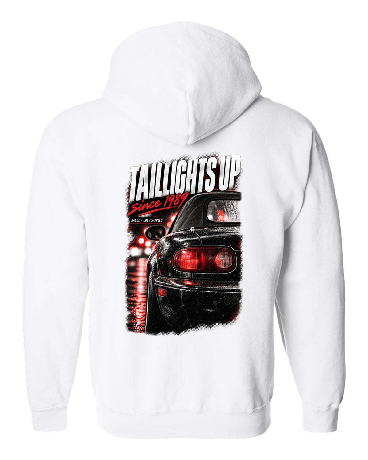 Taillight macro print for the Mazda MX-5 NA 1989-97 with NA6CE, 1.6L and 5-speed lettering white zip hoodie back view with the design