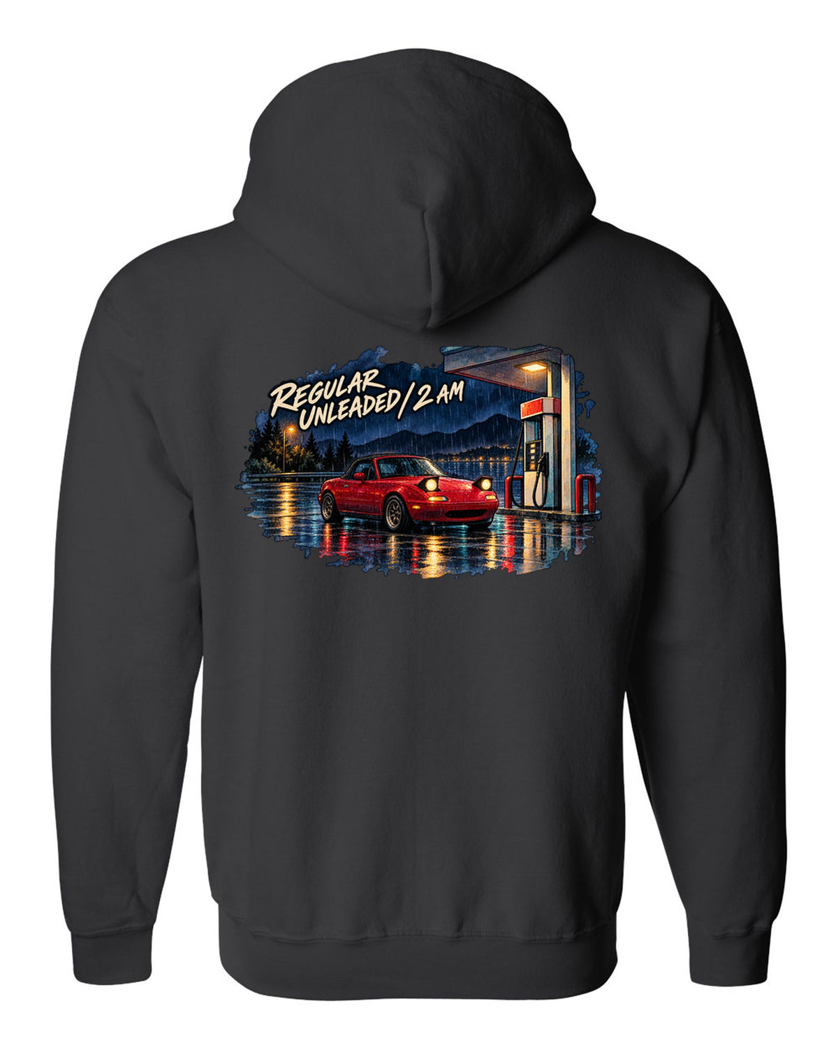 Watercolour wet-road night scene of a Mazda MX-5 NA at a fuel stop black zip hoodie back view with the design