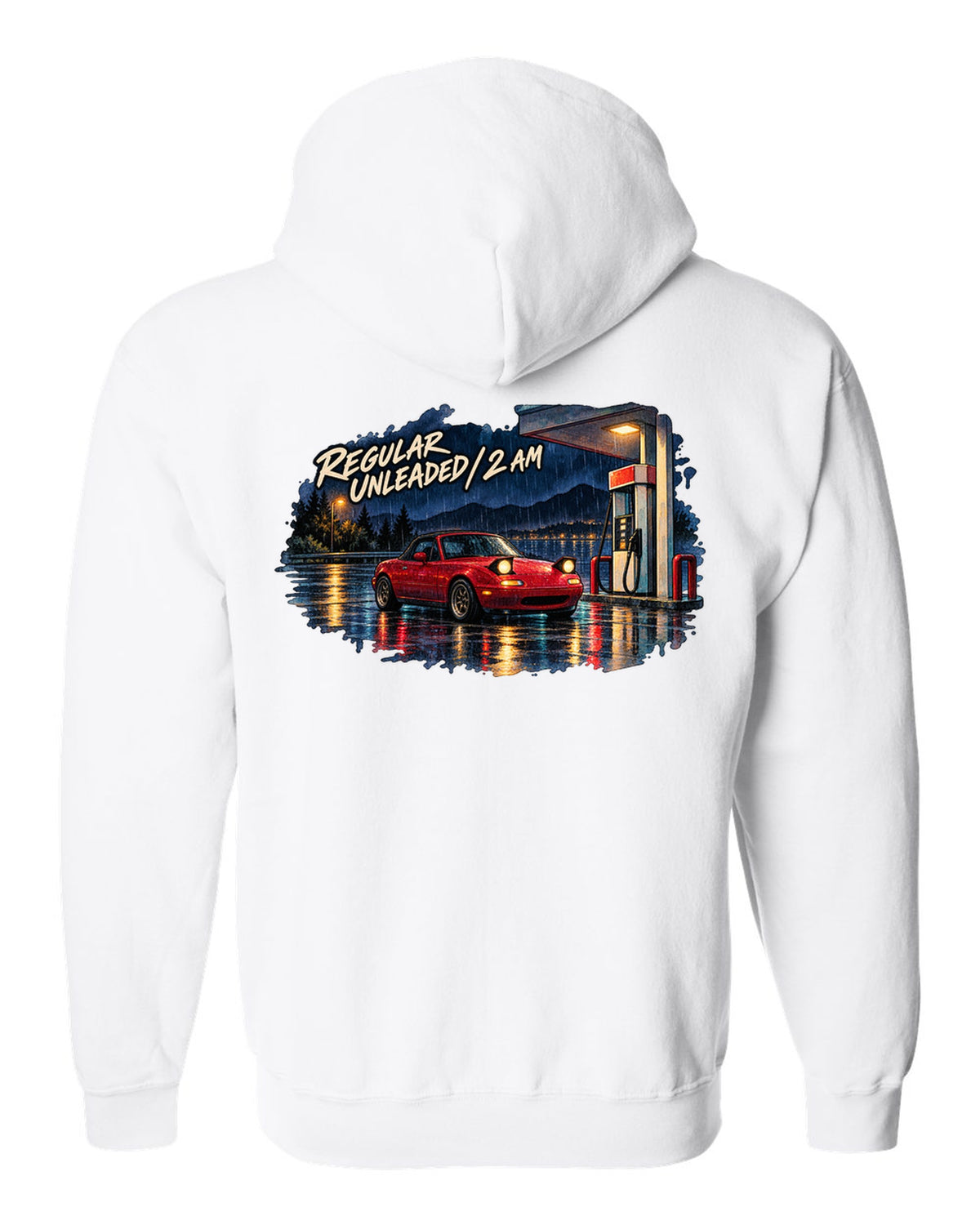 Watercolour wet-road night scene of a Mazda MX-5 NA at a fuel stop white zip hoodie back view with the design