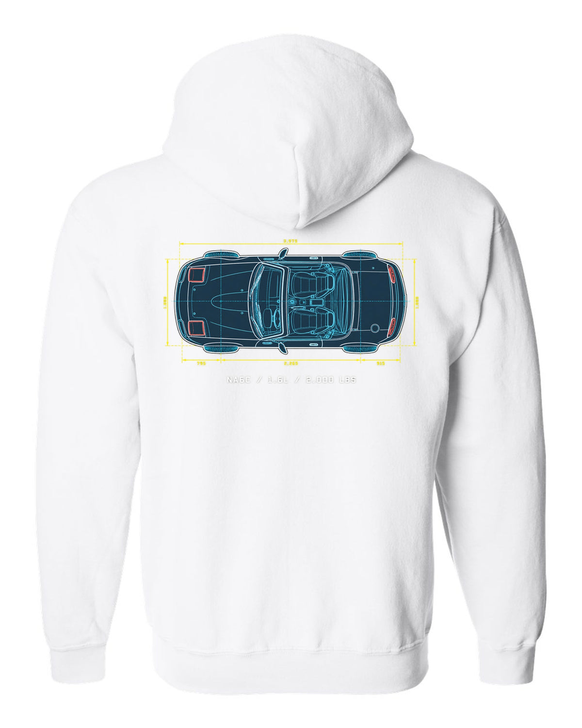 Technical blueprint line art of the Mazda MX-5 NA6C with 1.6L and 2,000 lbs text white zip hoodie back view with the design