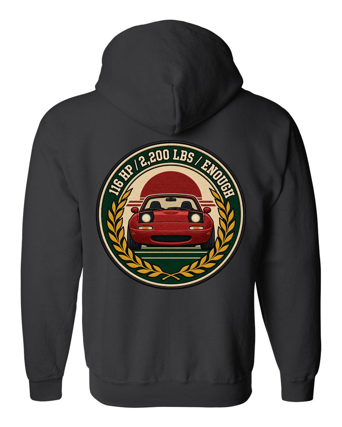 Embroidery-style varsity crest of a Mazda MX-5 NA6C with 116 HP spec text black zip hoodie back view with the design
