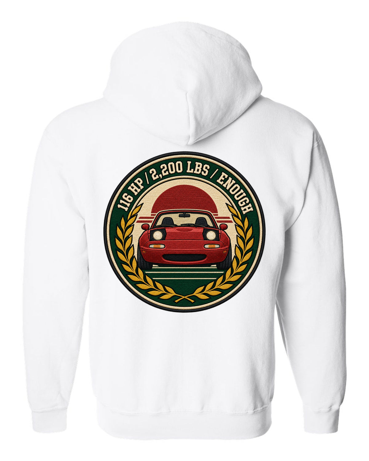 Embroidery-style varsity crest of a Mazda MX-5 NA6C with 116 HP spec text white zip hoodie back view with the design