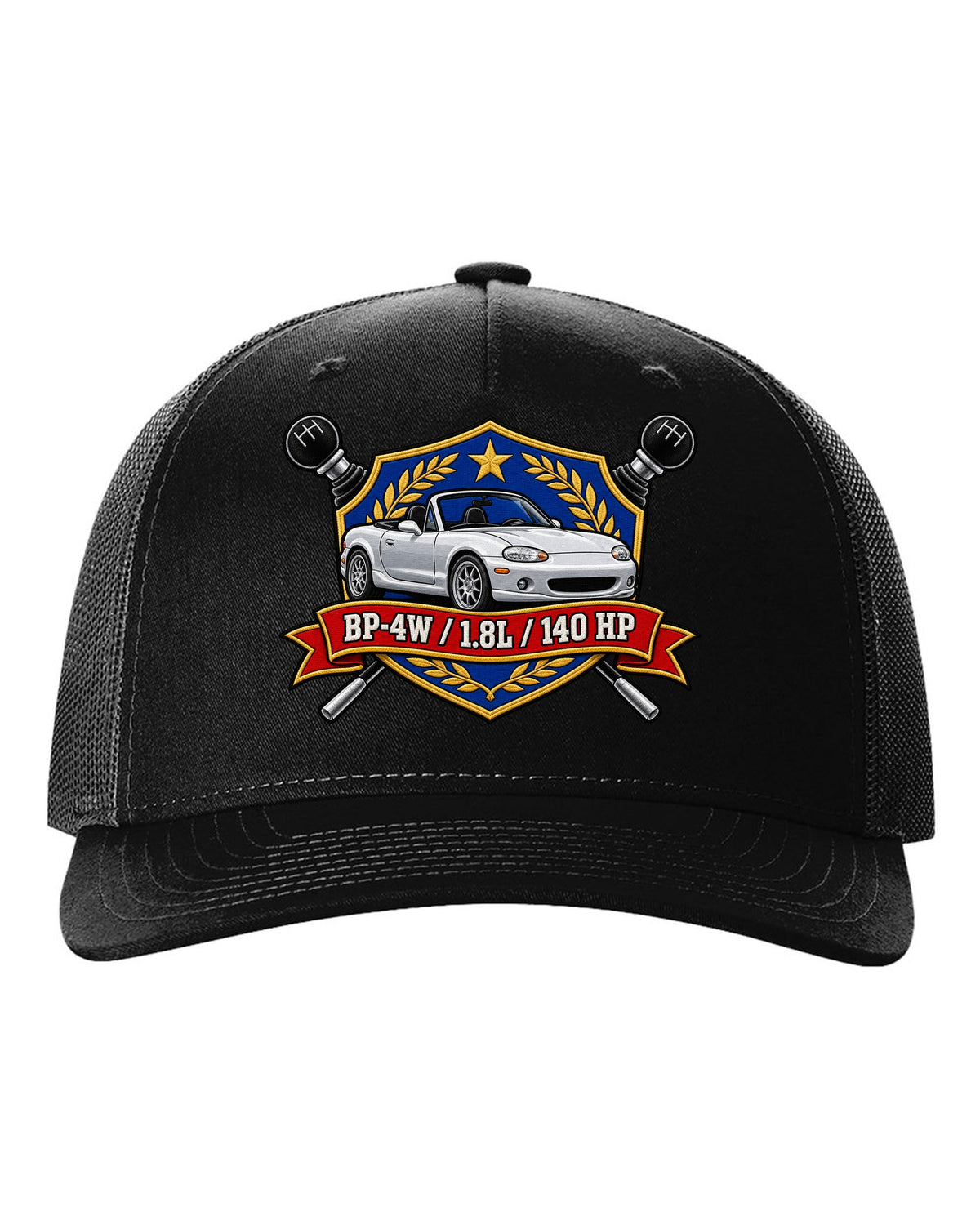 Embroidery-style shield crest of a Mazda MX-5 NB with BP-4W 1.8L 140 HP text black hat front view with the design