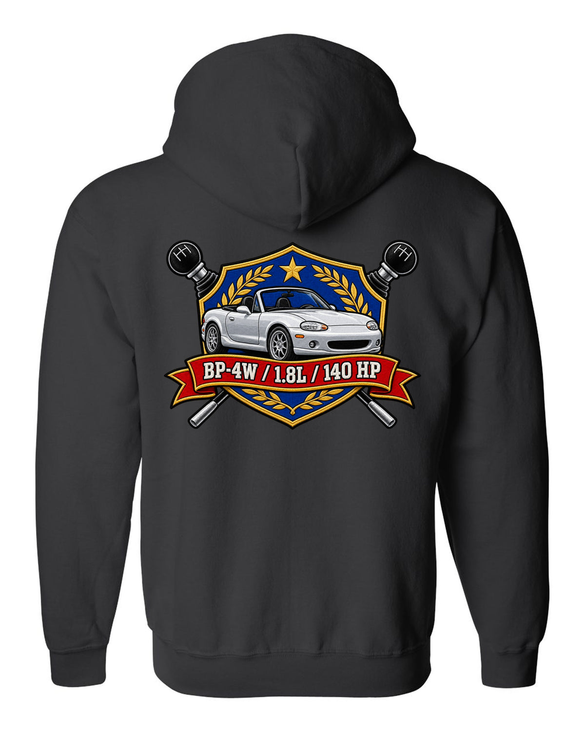 Embroidery-style shield crest of a Mazda MX-5 NB with BP-4W 1.8L 140 HP text black zip hoodie back view with the design