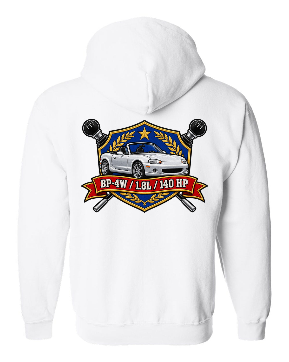 Embroidery-style shield crest of a Mazda MX-5 NB with BP-4W 1.8L 140 HP text white zip hoodie back view with the design