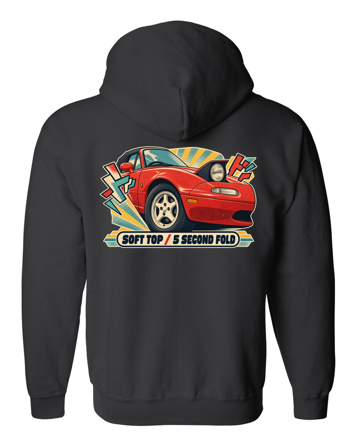 HUD style gauge cluster of a Mazda MX-5 NB with 7K redline text black zip hoodie back view with the design