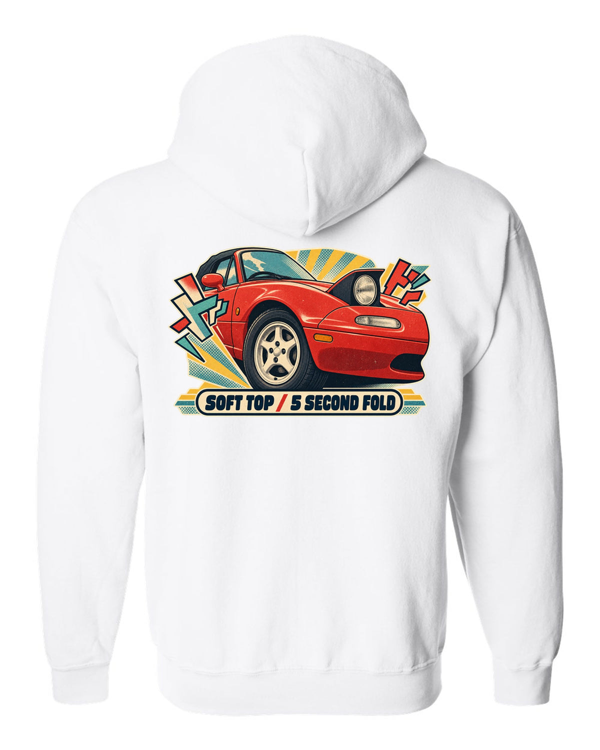 HUD style gauge cluster of a Mazda MX-5 NB with 7K redline text white zip hoodie back view with the design