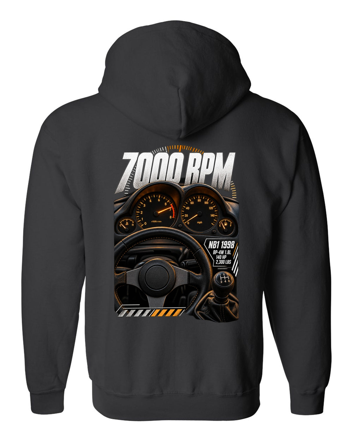Cockpit gauge print for the 1998 Mazda MX-5 NB1 with 7000 rpm, BP-4W 1.8L and 140 HP black zip hoodie back view with the design