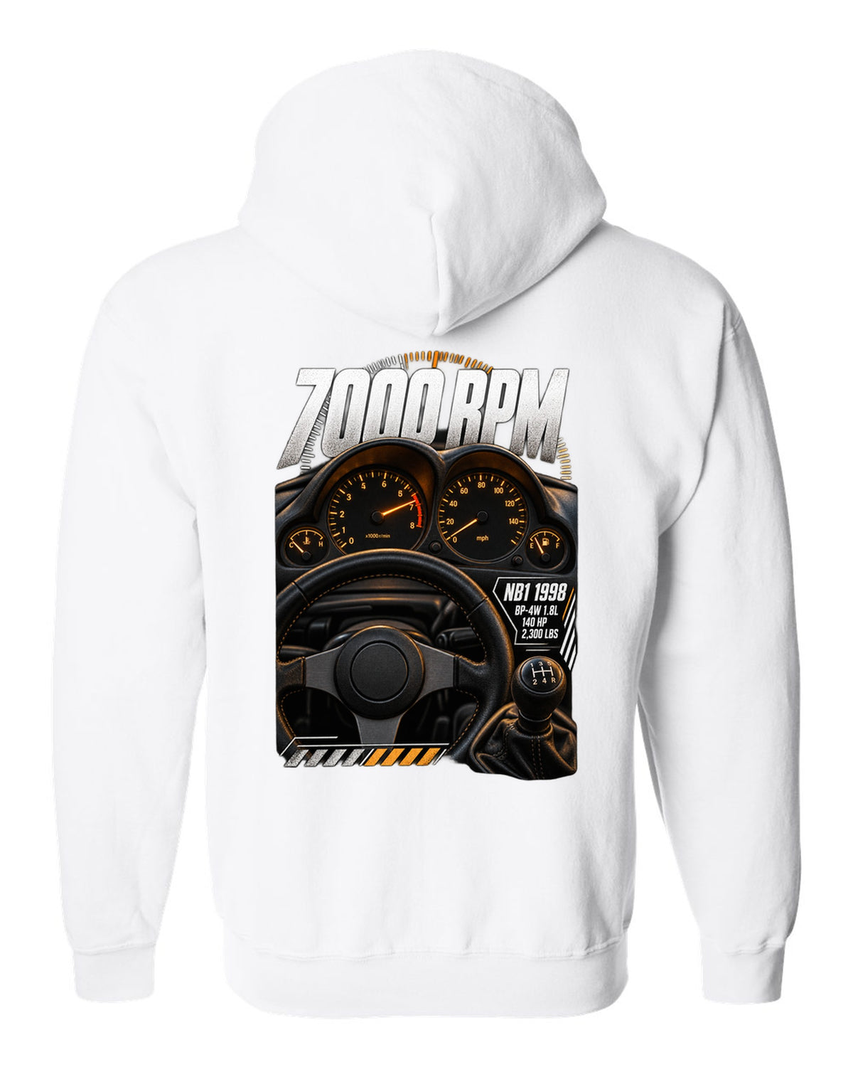 Cockpit gauge print for the 1998 Mazda MX-5 NB1 with 7000 rpm, BP-4W 1.8L and 140 HP white zip hoodie back view with the design