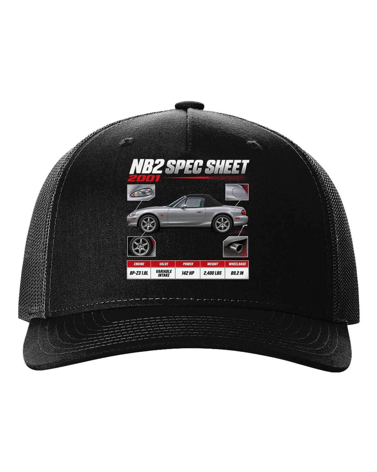 Spec poster print for the 2001 Mazda MX-5 NB2 reading NB2 spec sheet, 2001, variable intake black hat front view with the design