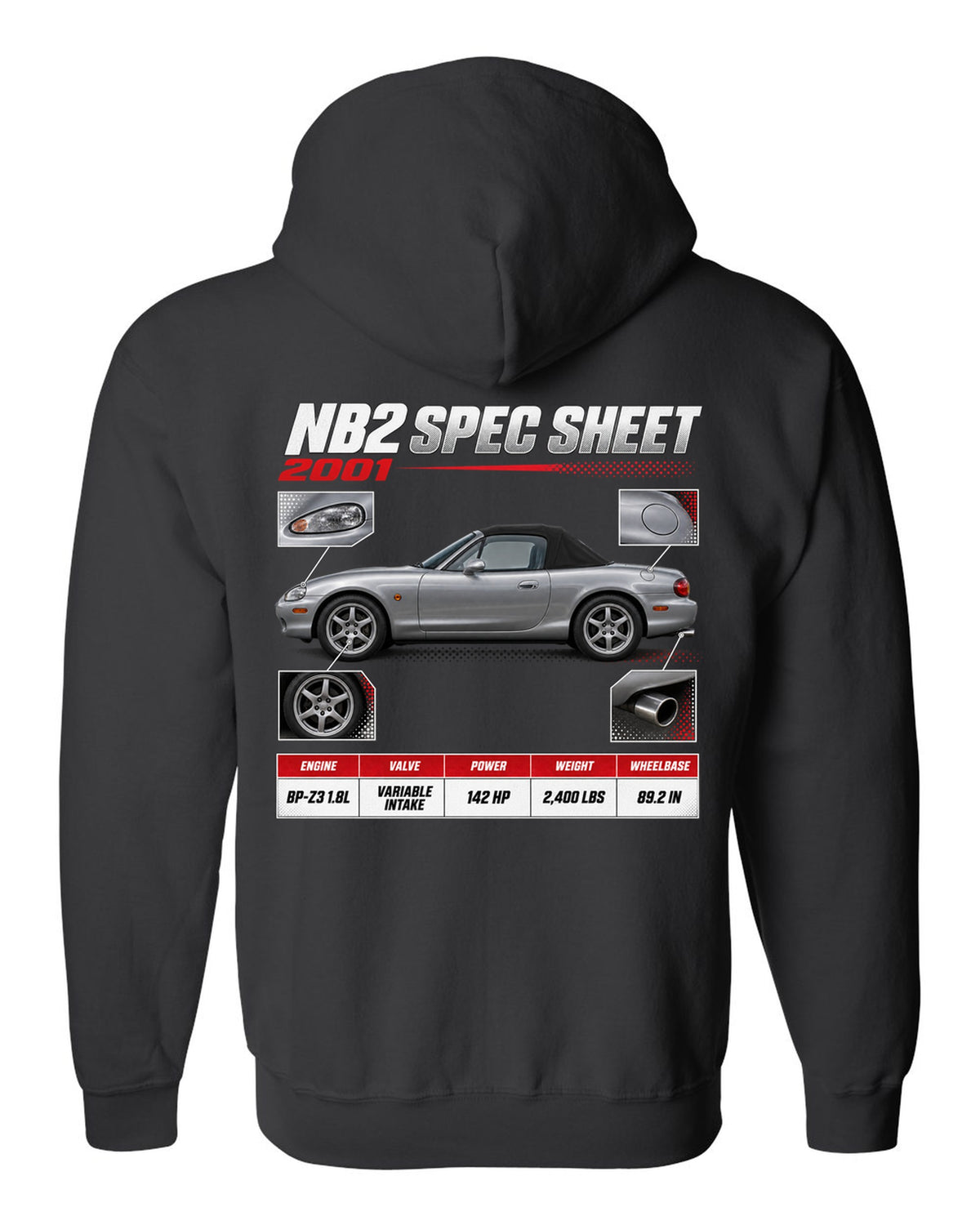 Spec poster print for the 2001 Mazda MX-5 NB2 reading NB2 spec sheet, 2001, variable intake black zip hoodie back view with the design