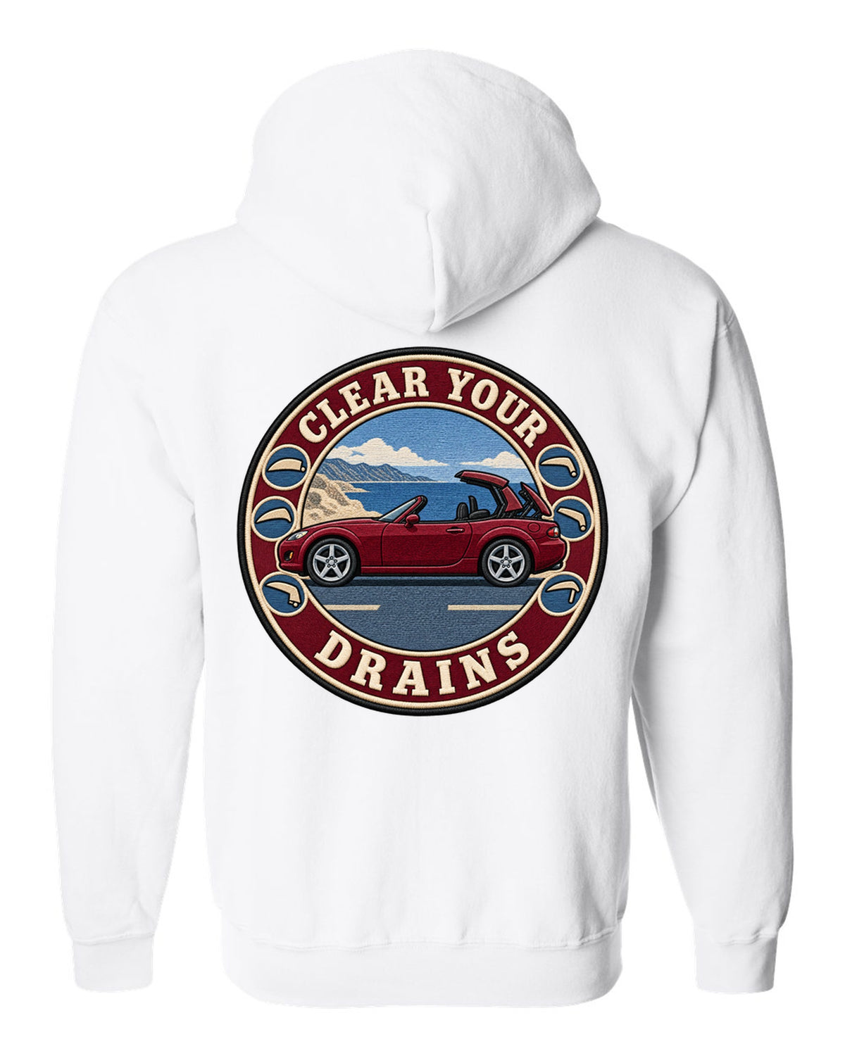 Embroidery-style roundel crest of a Mazda MX-5 NC with clear your drains text white zip hoodie back view with the design