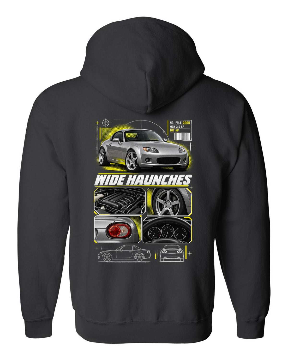 Dossier panels print for the Mazda MX-5 NC PRHT 2005-15 with MZR 2.0 LF and wide haunches black zip hoodie back view with the design