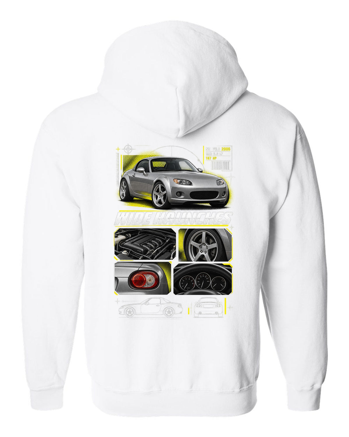 Dossier panels print for the Mazda MX-5 NC PRHT 2005-15 with MZR 2.0 LF and wide haunches white zip hoodie back view with the design