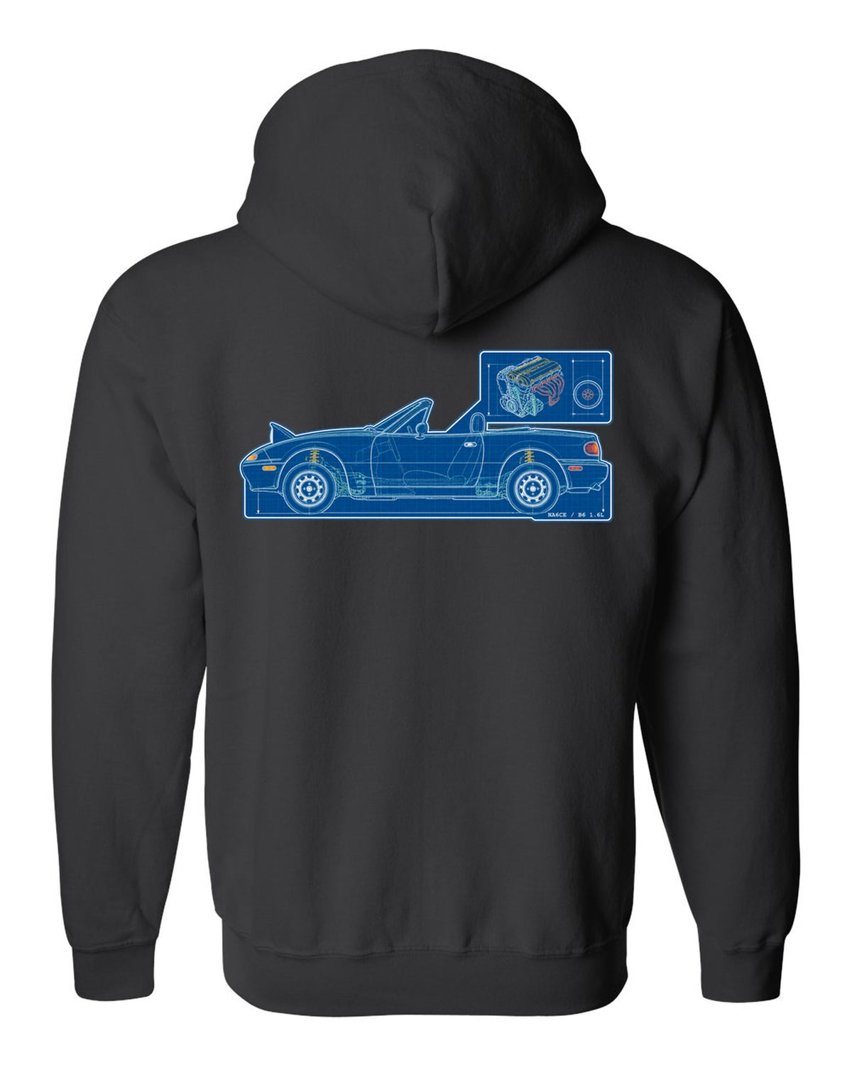 Sticker-bomb collage of a Mazda MX-5 NC rear with MZR 2.0 167 HP text black zip hoodie back view with the design