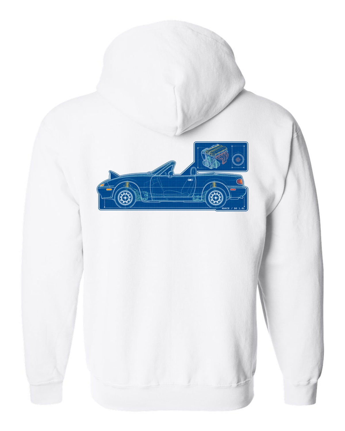Sticker-bomb collage of a Mazda MX-5 NC rear with MZR 2.0 167 HP text white zip hoodie back view with the design