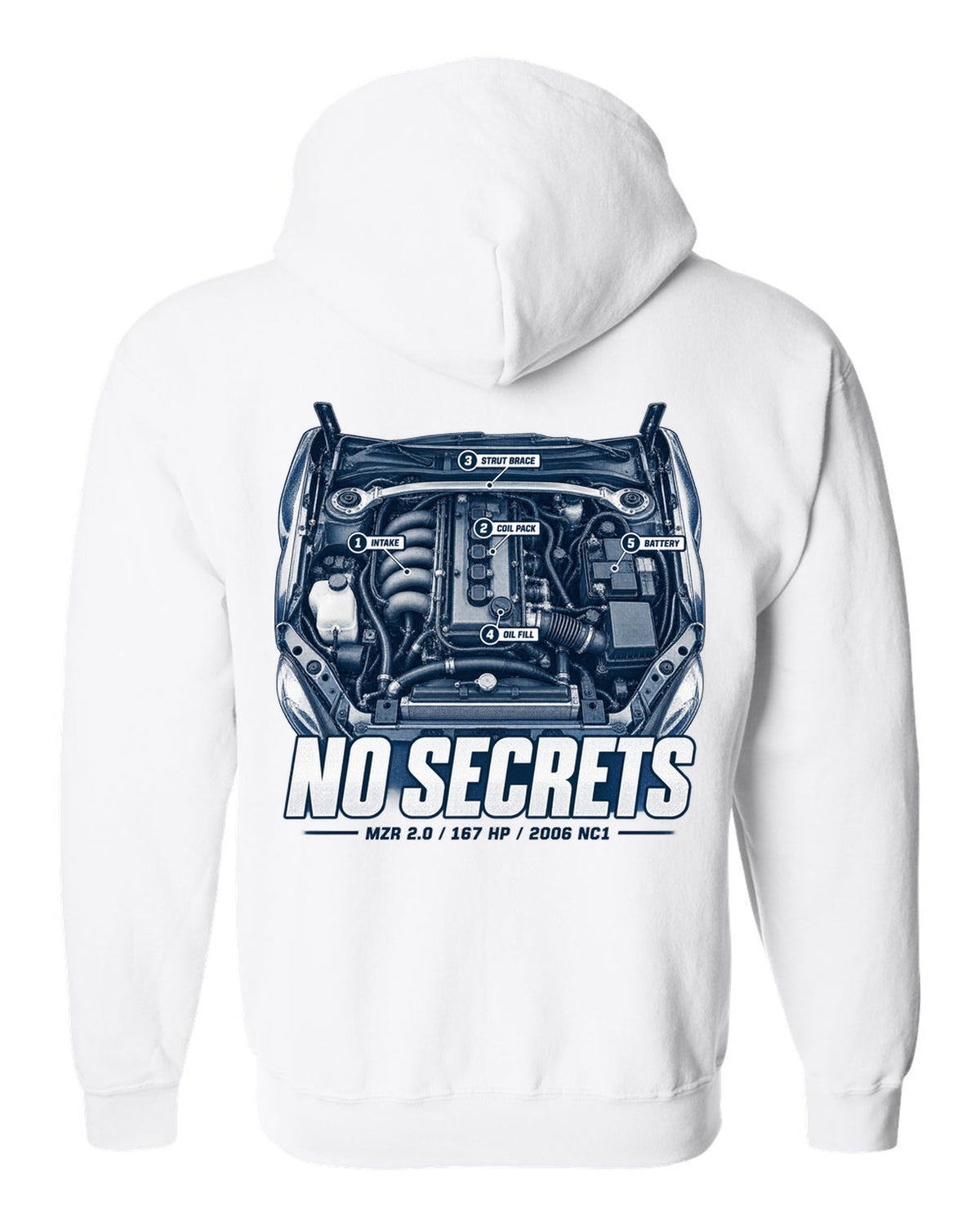 Engine hero print for the 2006 Mazda MX-5 NC1 with MZR 2.0 and 167 HP lettering white zip hoodie back view with the design