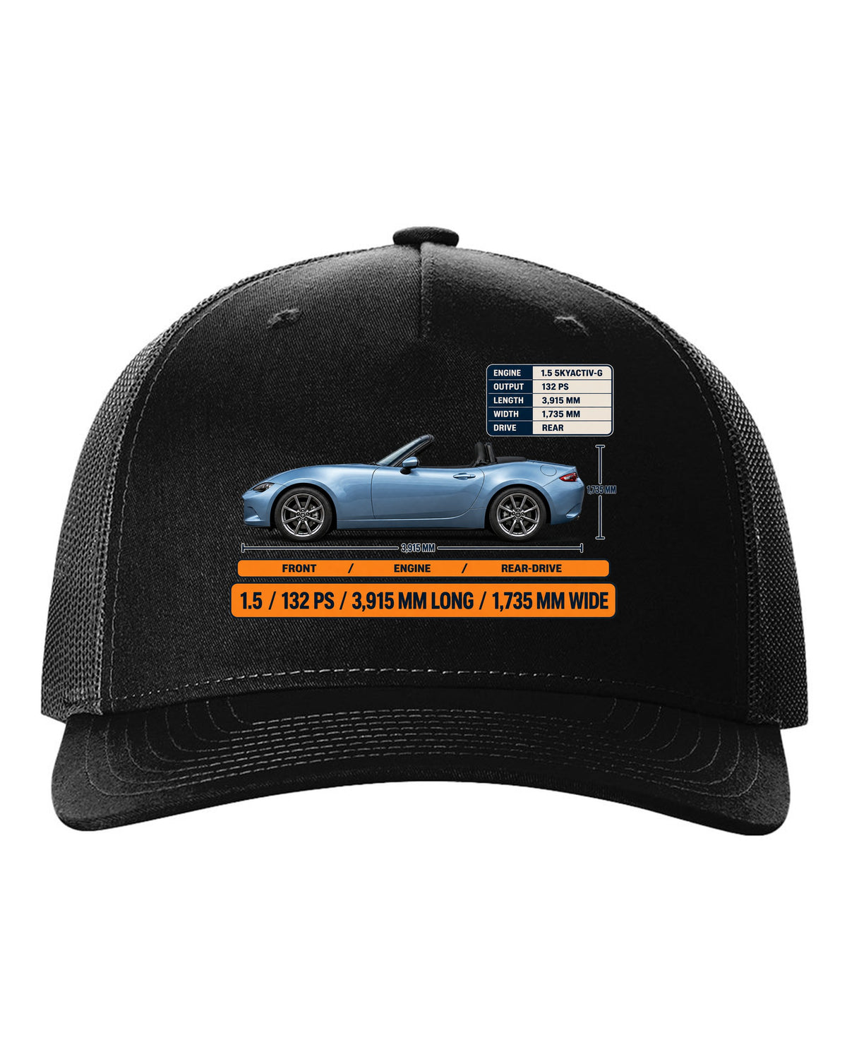 Mazda MX-5 ND 1.5 SKYACTIV-G spec poster print showing power and dimensions black hat front view with the design