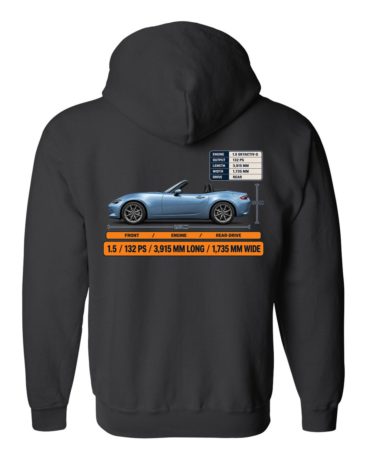 Mazda MX-5 ND 1.5 SKYACTIV-G spec poster print showing power and dimensions black zip hoodie back view with the design
