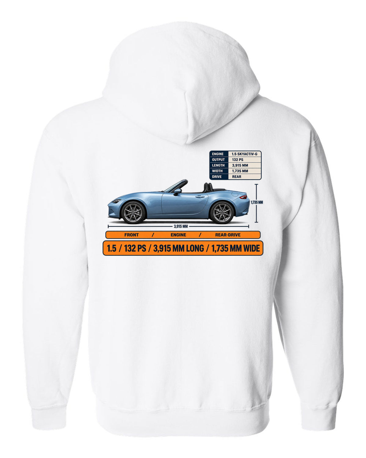Mazda MX-5 ND 1.5 SKYACTIV-G spec poster print showing power and dimensions white zip hoodie back view with the design