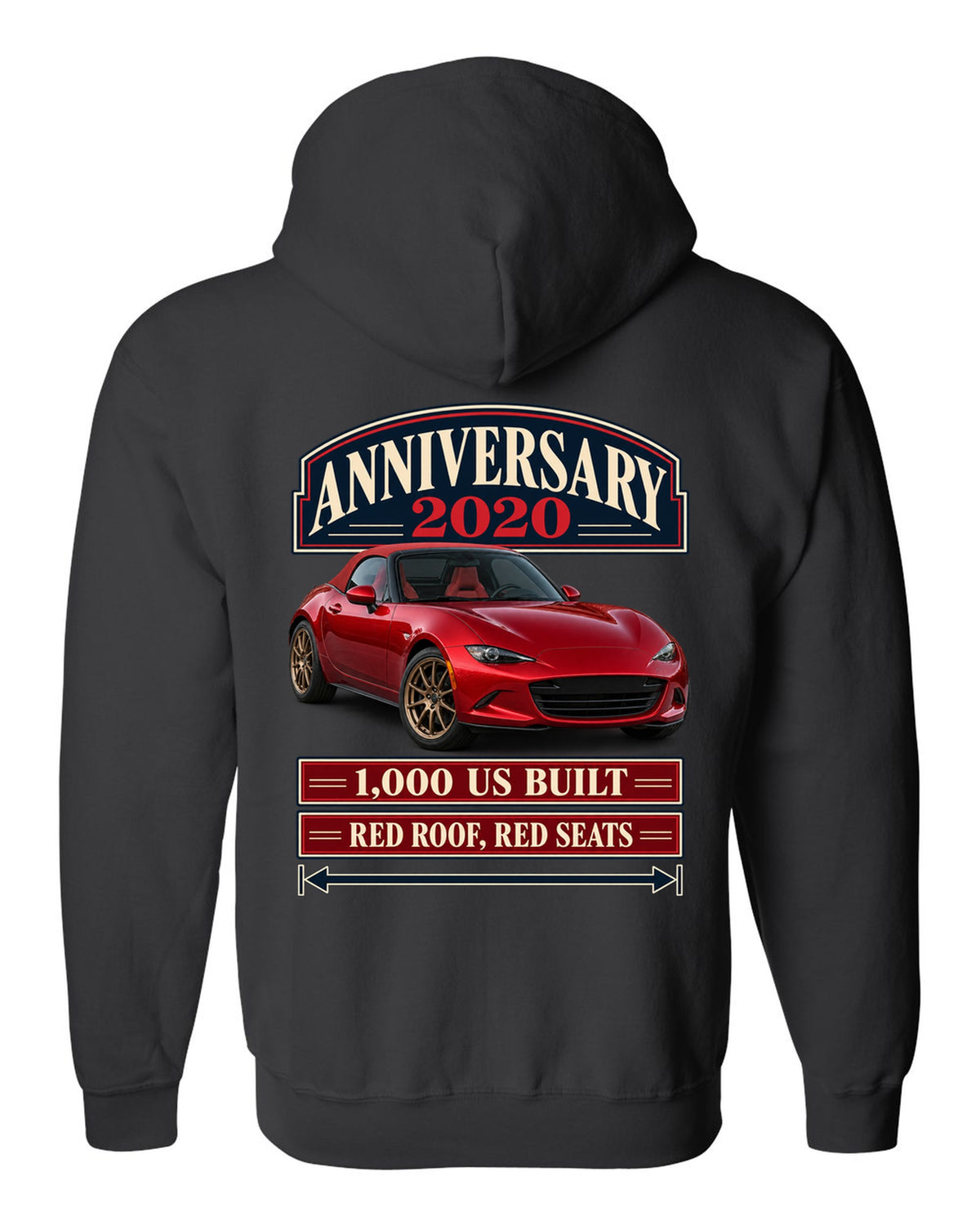 Archive panel layout of a 2020 Mazda MX-5 ND 100th Anniversary Edition with red roof and seats black zip hoodie back view with the design