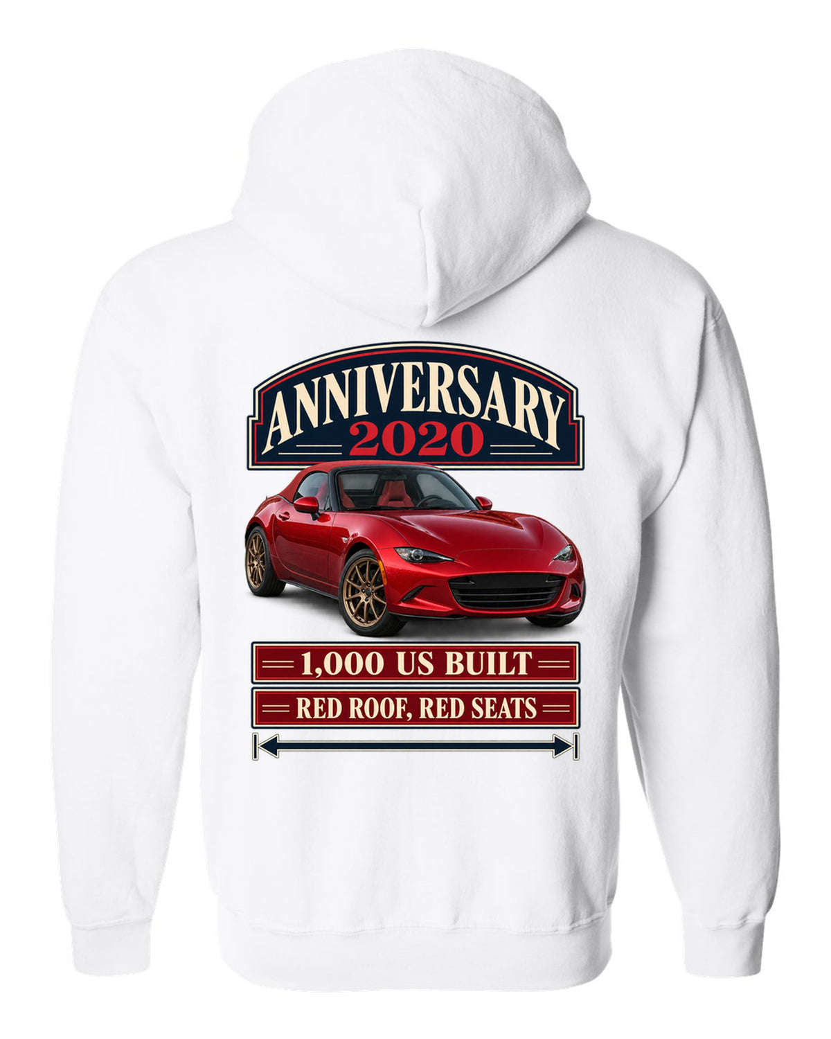 Archive panel layout of a 2020 Mazda MX-5 ND 100th Anniversary Edition with red roof and seats white zip hoodie back view with the design