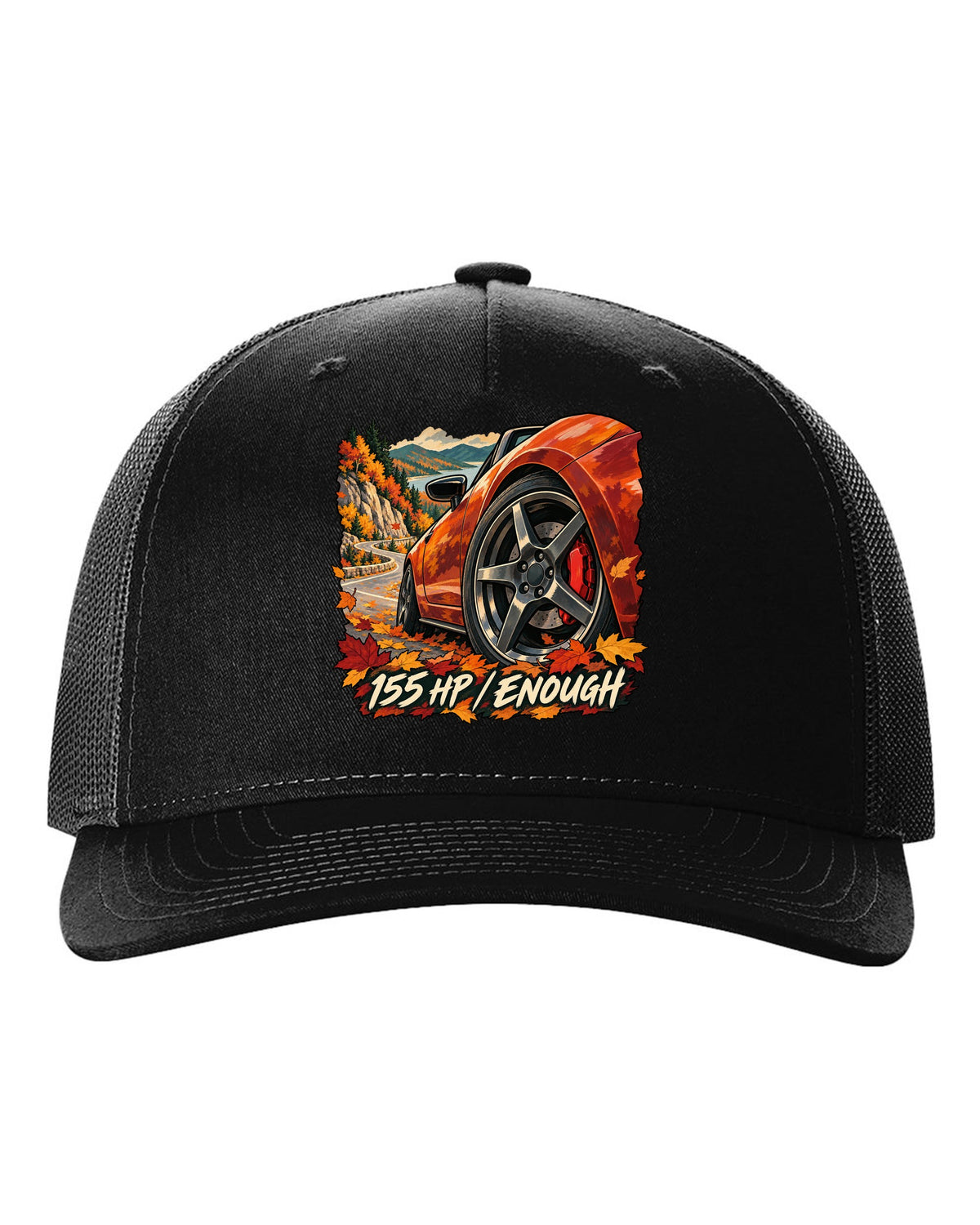 Painterly gouache illustration of a Mazda MX-5 ND on an autumn road with 155 HP / ENOUGH lettering black hat front view with the design