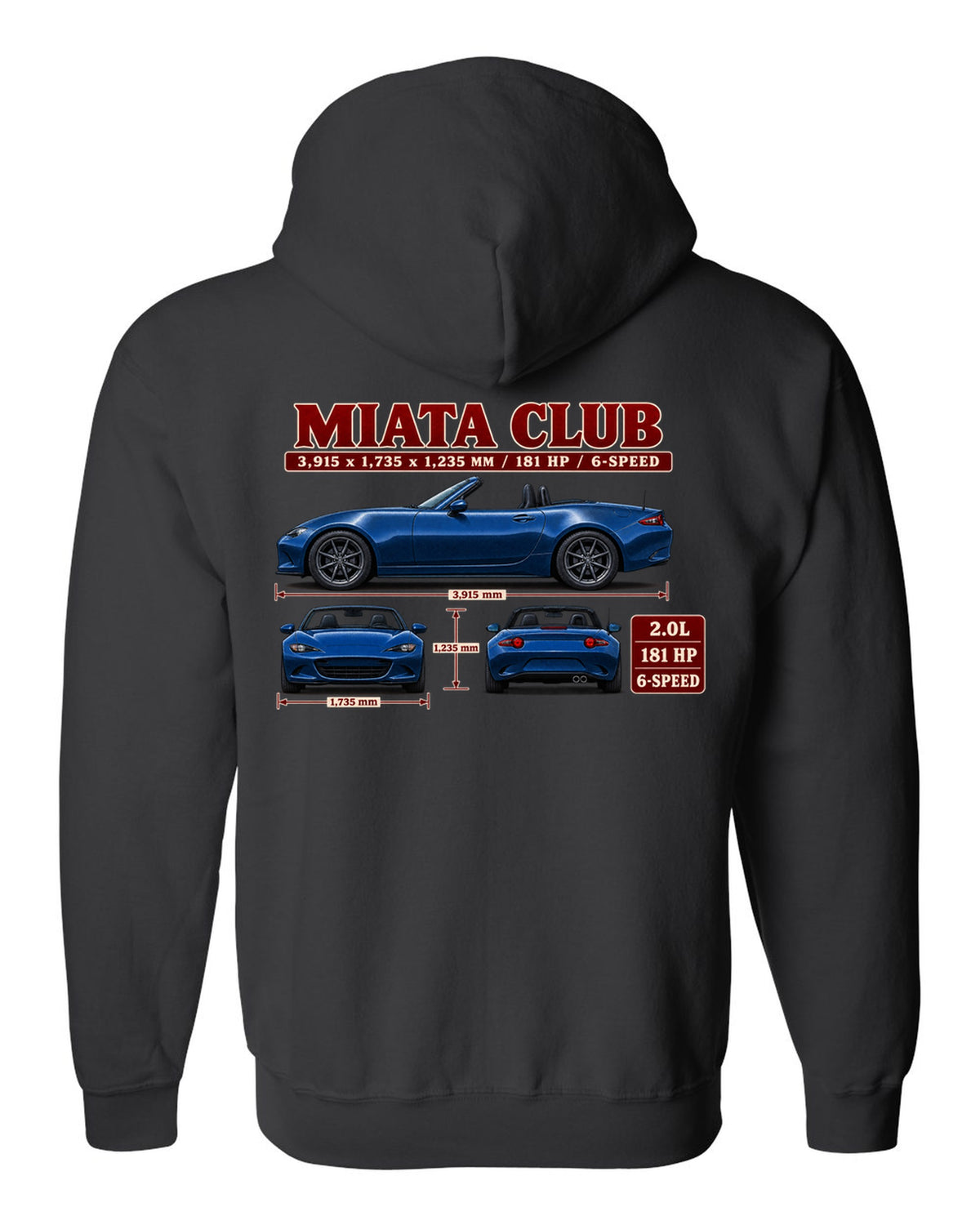 Three-view drawing and spec table of a 2019 Mazda MX-5 ND Club in Eternal Blue black zip hoodie back view with the design