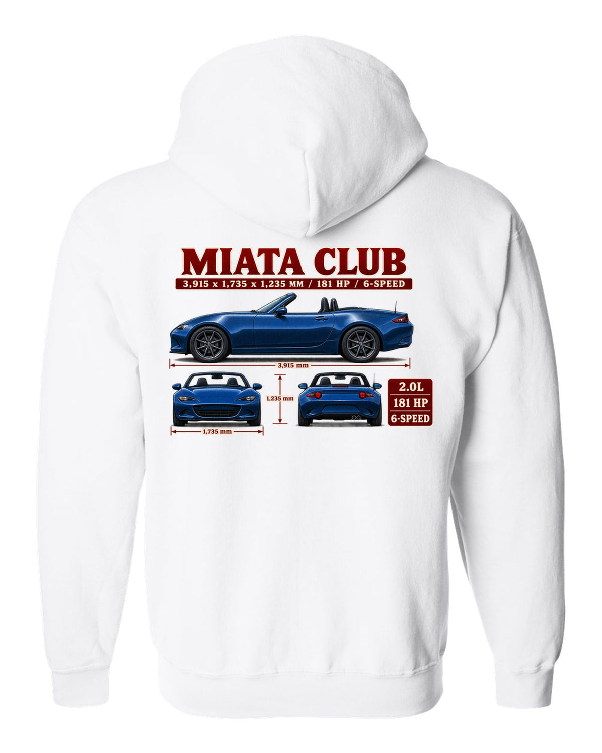 Three-view drawing and spec table of a 2019 Mazda MX-5 ND Club in Eternal Blue white zip hoodie back view with the design